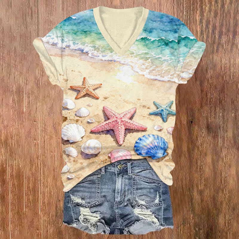 Ombre Ocean & Starfish Shell On The Beach Art Print V-neck T-shirt - Apricot - US32-34(5XL) - image 1