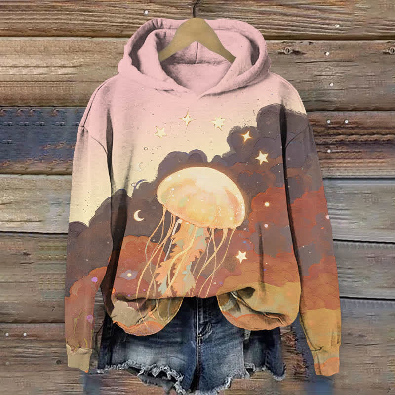 Oil Painting Star & Moon Around Jellyfish Print Long Sleeve Hoodie - Pink - US44-46(8XL) - image 1