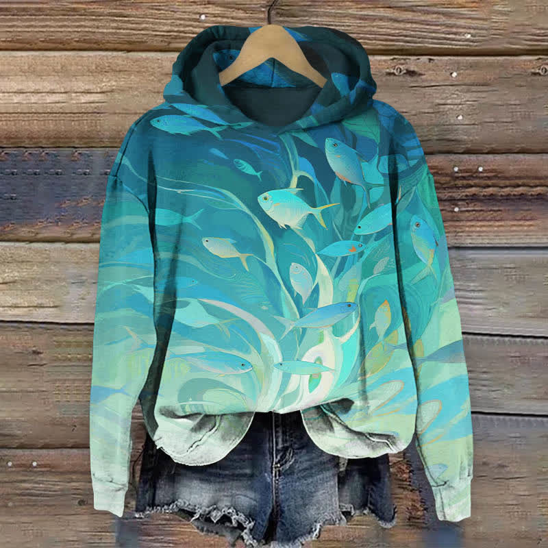Glowing Small Tropical Fish School Art Print Long Sleeve Hoodie - Green - US44-46(8XL) - image 1