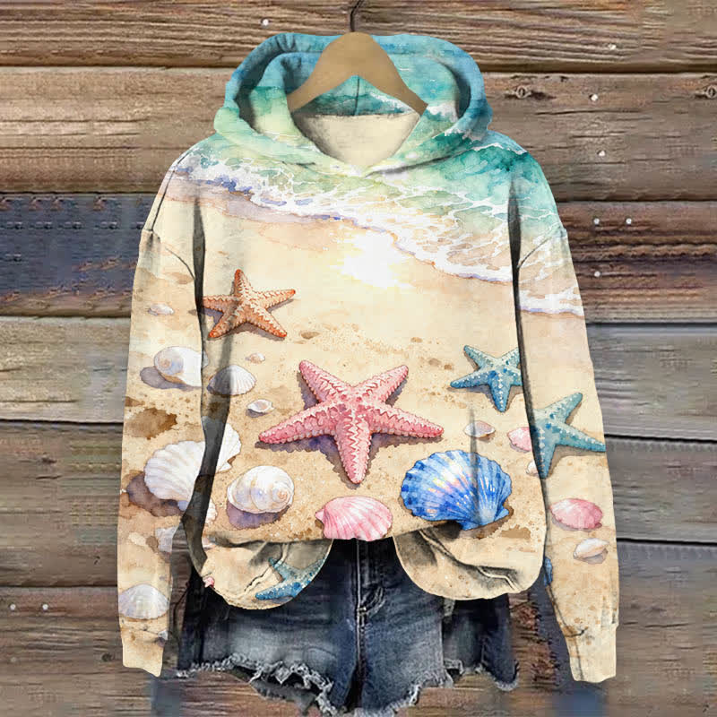 Ombre Ocean & Starfish Shell On The Beach Art Print Long Sleeve Hoodie - Apricot - US44-46(8XL) - image 1