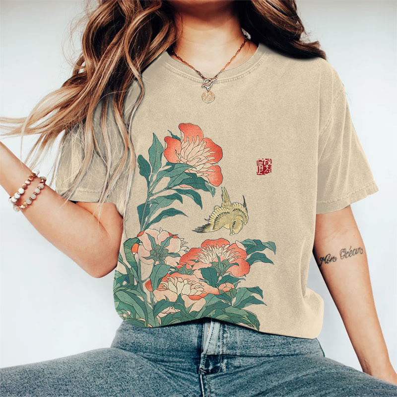100% Cotton Flower Print T-shirt - Apricot - 2XL - image 1