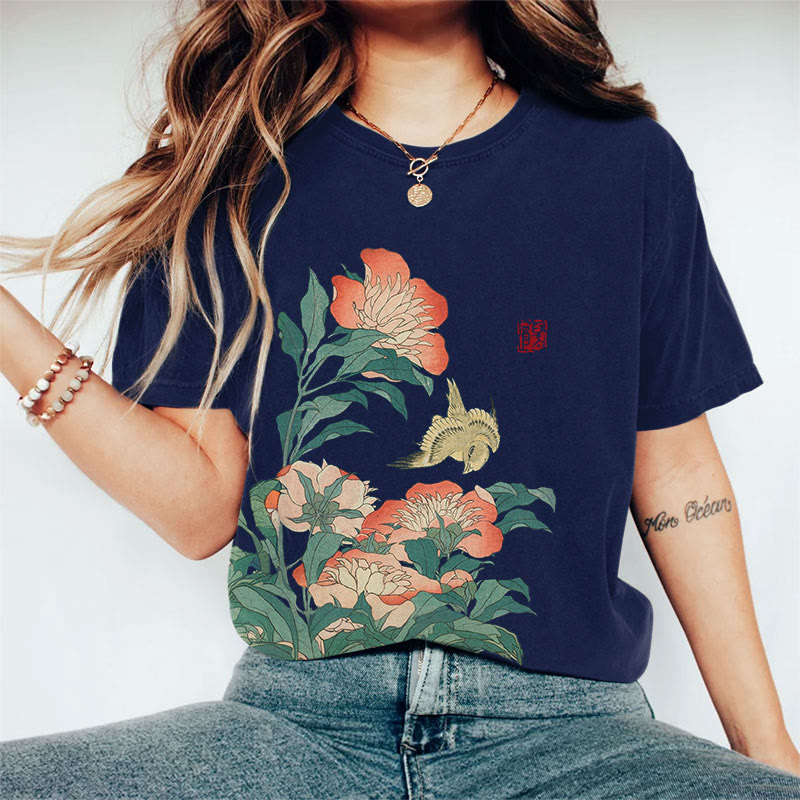 100% Cotton Flower Print T-shirt - Navy Blue - 2XL - image 2