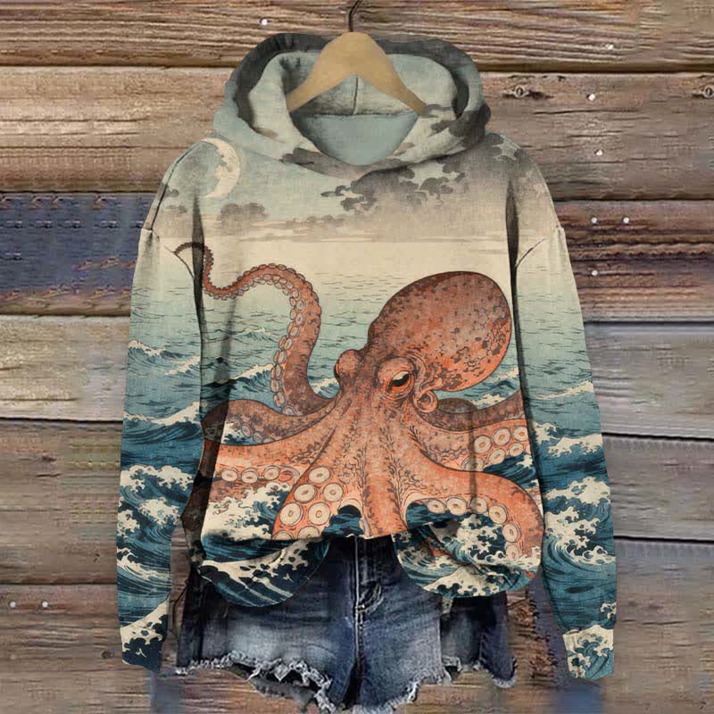 Vintage Giant Octopus On The Ocean Art Print Long Sleeve Hoodie - Blue - US44-46(8XL) - image 1