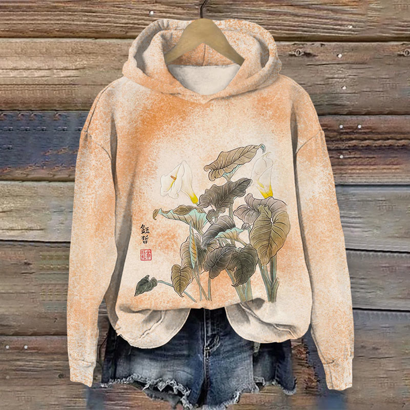 Floral Print Long Sleeve Hoodie - Orange - US44-46(8XL) - image 1