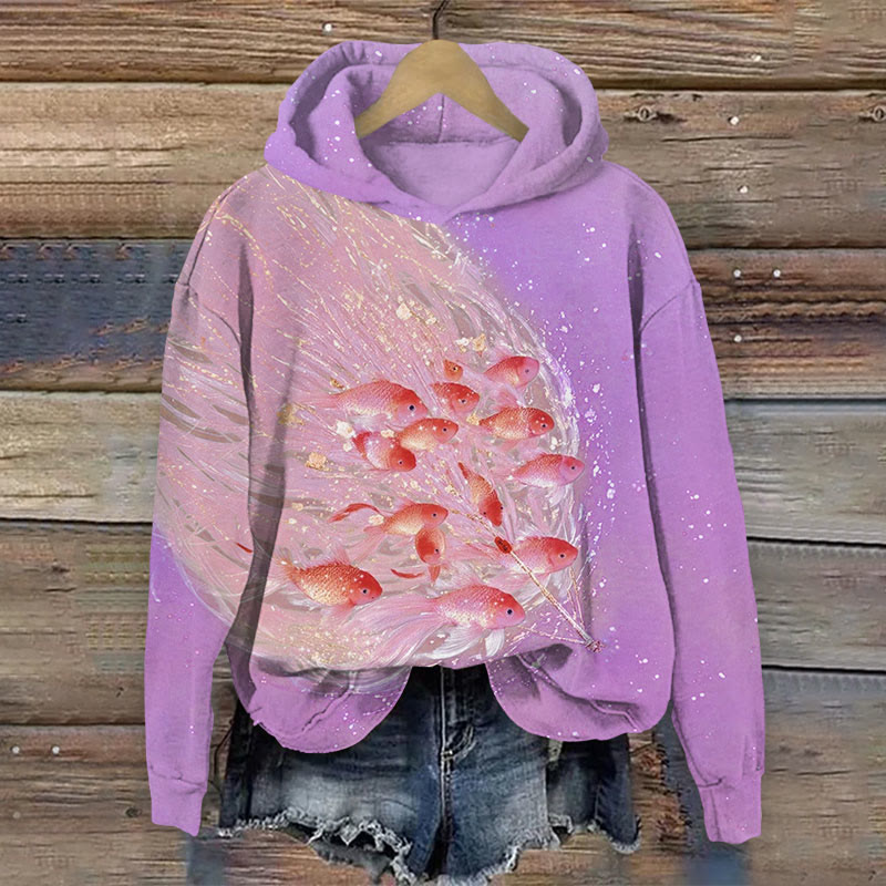 Multi Fish Flower Print Long Sleeve Hoodie - Purple - US44-46(8XL) - image 1