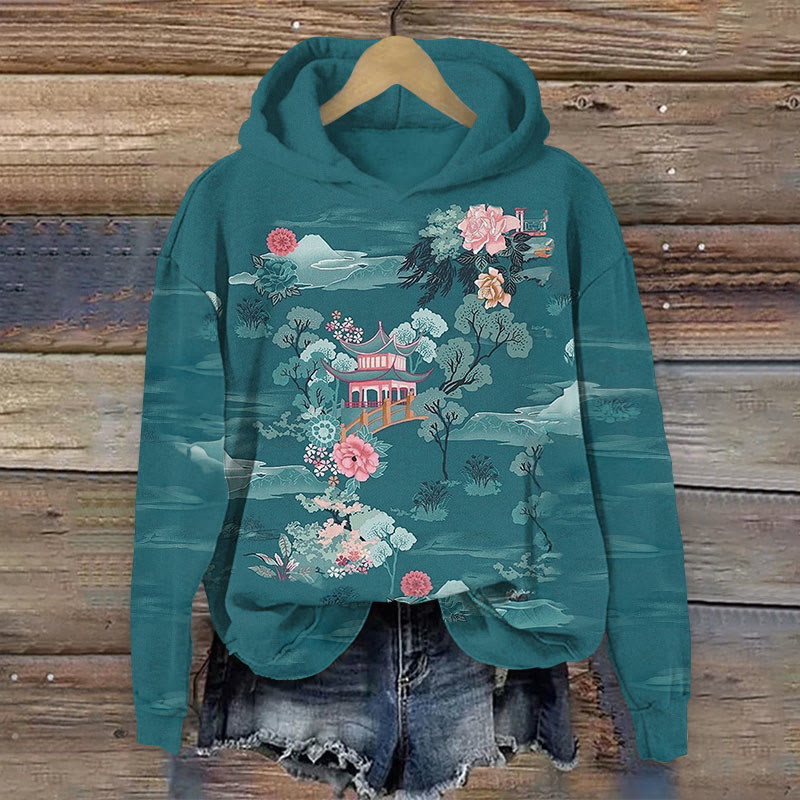 Flower Print Long Sleeve Hoodie - Dark Green - US44-46(8XL) - image 2