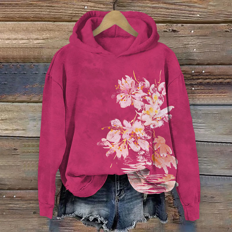 Watercolor Flower Print Long Sleeve Hoodie - Rose - US44-46(8XL) - image 1