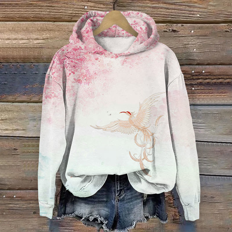 Watercolor Flower& Phoenix Print Long Sleeve Hoodie - Multicolor - US44-46(8XL) - image 1