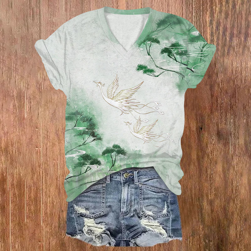 Phoenix & Flower Print V-neck T-shirt - Green - US32-34(5XL) - image 1