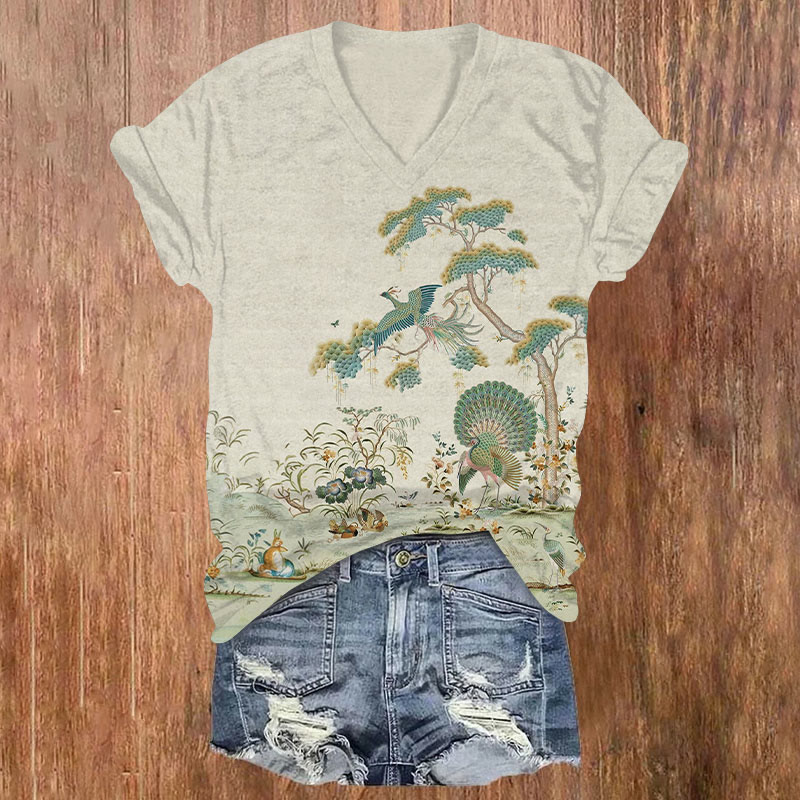 Peacock & Flower Print V-neck T-shirt - Light Green - US32-34(5XL) - image 1