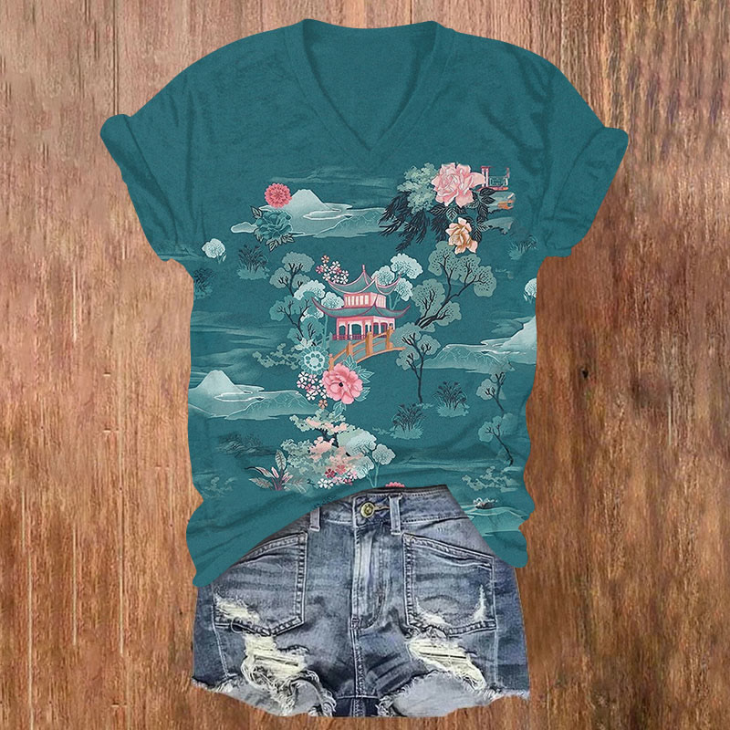Flower Print V-neck T-shirt - Dark Green - US32-34(5XL) - image 1