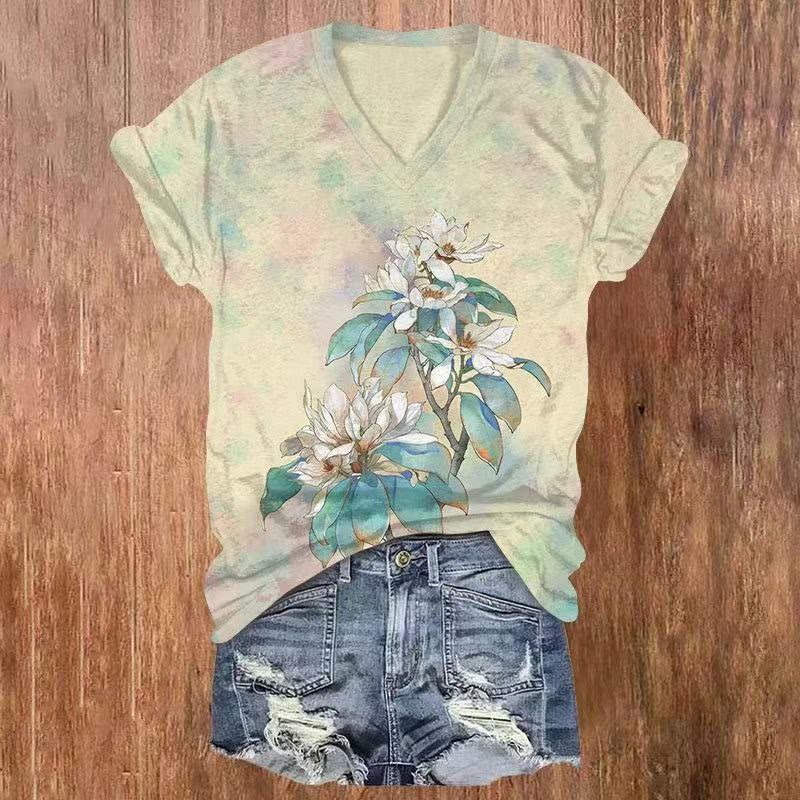 Watercolor Flower Print V-neck T-shirt - Apricot - US32-34(5XL) - image 1