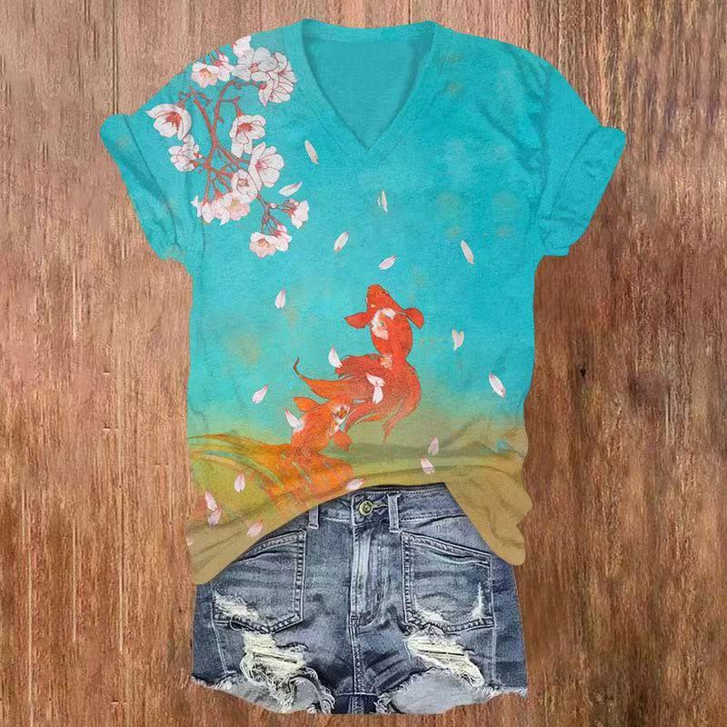 Watercolor Flower & Goldfish Print V-neck T-shirt - Multicolor - US32-34(5XL) - image 1