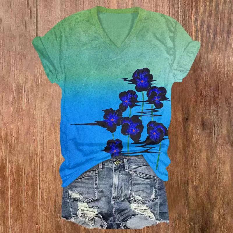 Watercolor Flower Print V-neck T-shirt - Multicolor - US32-34(5XL) - image 1