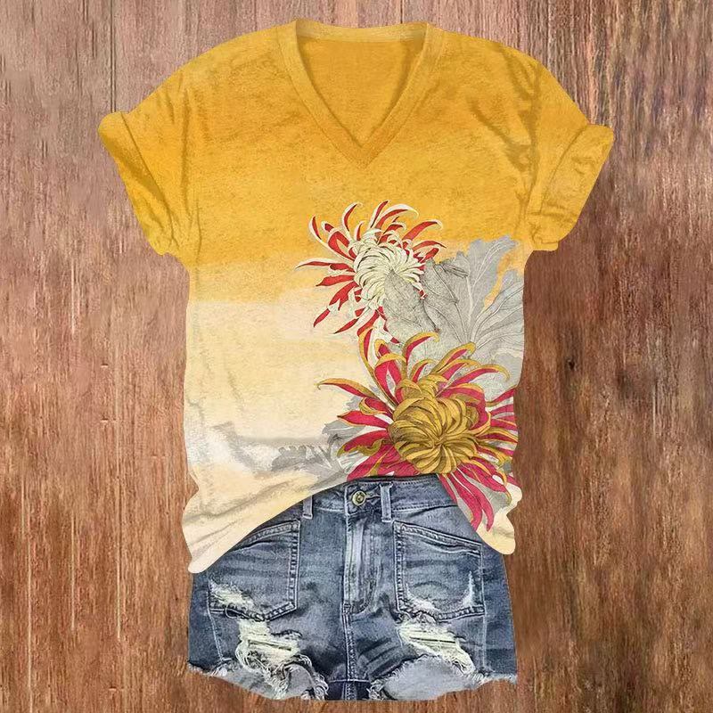Art Flower Print V-neck T-shirt - Yellow - US32-34(5XL) - image 1