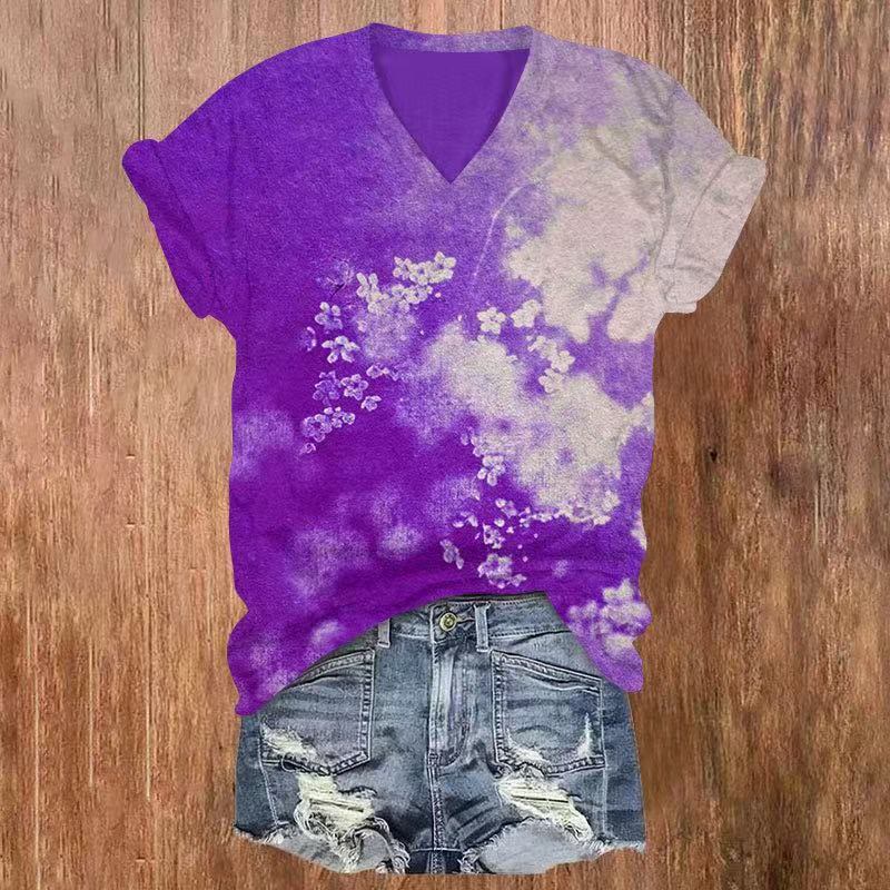 Watercolor Flower Print V-neck T-shirt - Purple - US32-34(5XL) - image 1