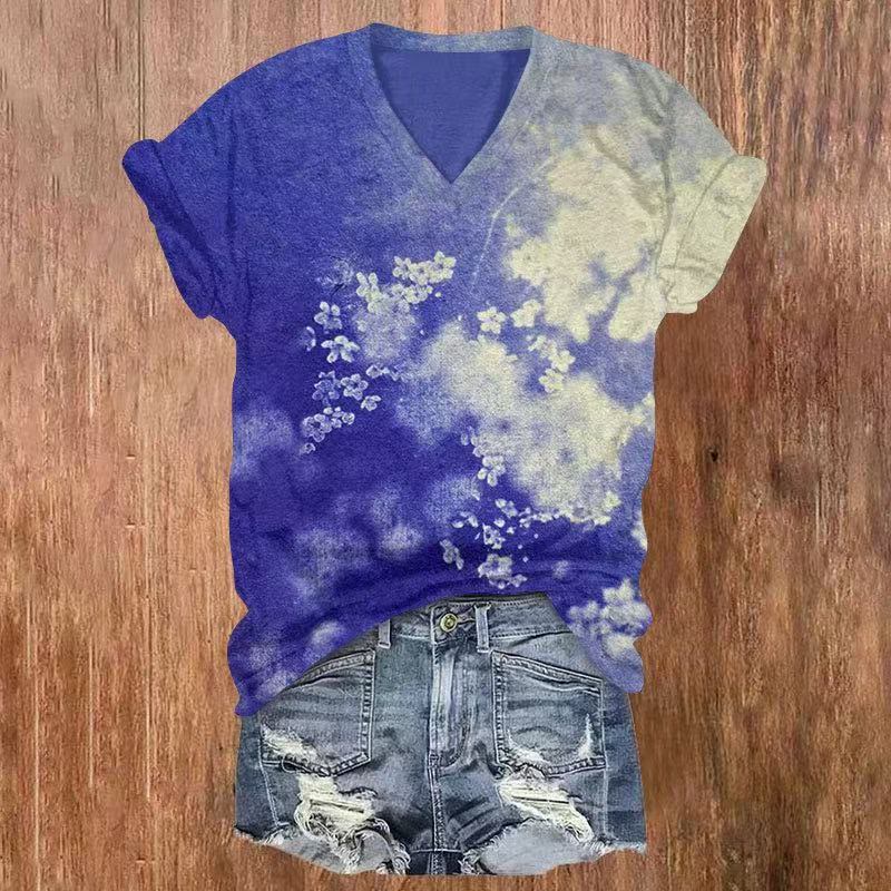 Watercolor Flower Print V-neck T-shirt - Dark Blue - US32-34(5XL) - image 4