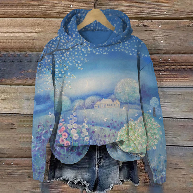 Watercolor Flower Print Long Sleeve Hoodie - Blue - US44-46(8XL) - image 2