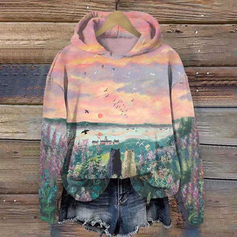 Cats & Flower Print Long Sleeve Hoodie - Multicolor - US44-46(8XL) - image 1