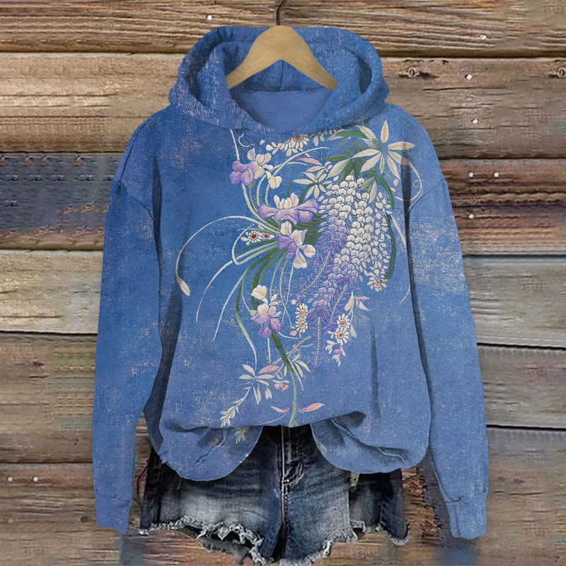 Floral  Print Long Sleeve Hoodie - Blue - US44-46(8XL) - image 1