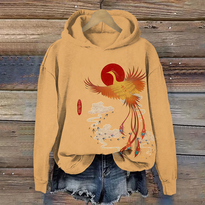 Phoenix Print Long Sleeve Hoodie - Khaki - US44-46(8XL) - image 2