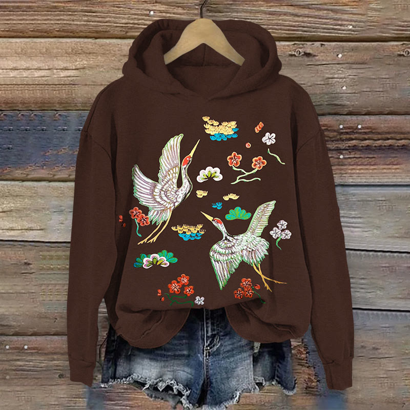  Crane Print Long Sleeve Hoodie - Coffee - US44-46(8XL) - image 1