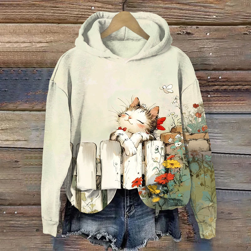 Cute Cat Print Long Sleeve Hoodie - Apricot - US44-46(8XL) - image 1