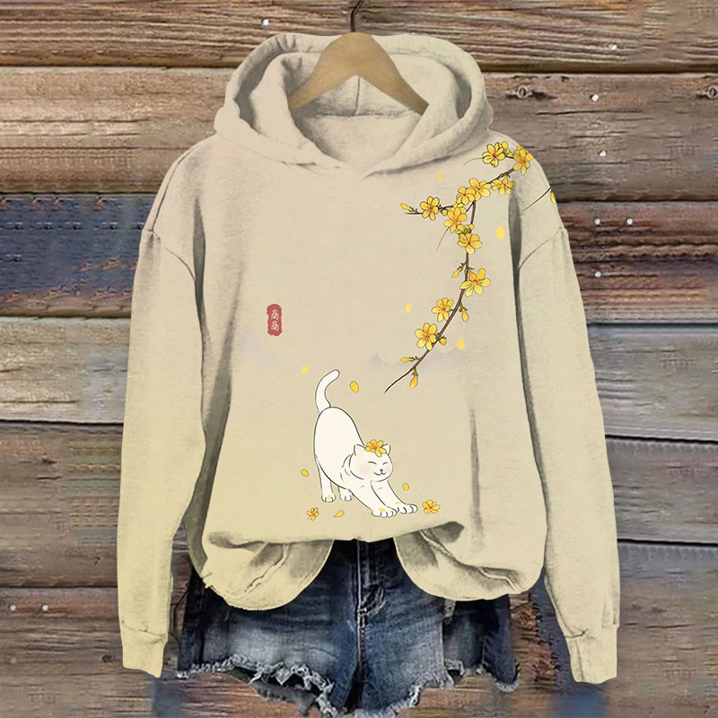 Cute Cat & Leaves  Print Long Sleeve Hoodie - Apricot - US44-46(8XL) - image 1