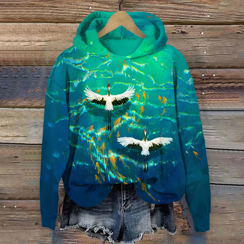 Crane & Fishes Print Long Sleeve Hoodie - Dark Green - US44-46(8XL) - image 1