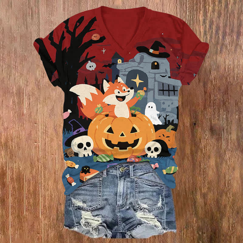 Halloween Cartoon Fox In A Pumpkin Print V-neck T-shirt - Red - US32-34(5XL) - image 1