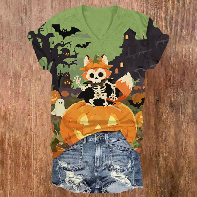 Halloween Bat & Skeleton Fox In A Pumpkin Print V-neck T-shirt - Green - US32-34(5XL) - image 1