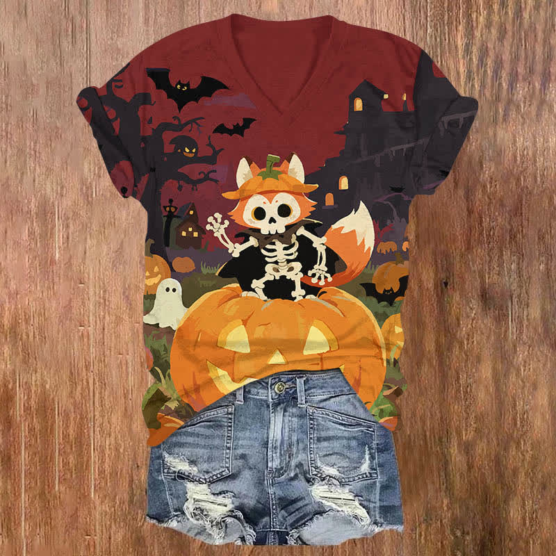 Halloween Bat & Skeleton Fox In A Pumpkin Print V-neck T-shirt - Red - US32-34(5XL) - image 2