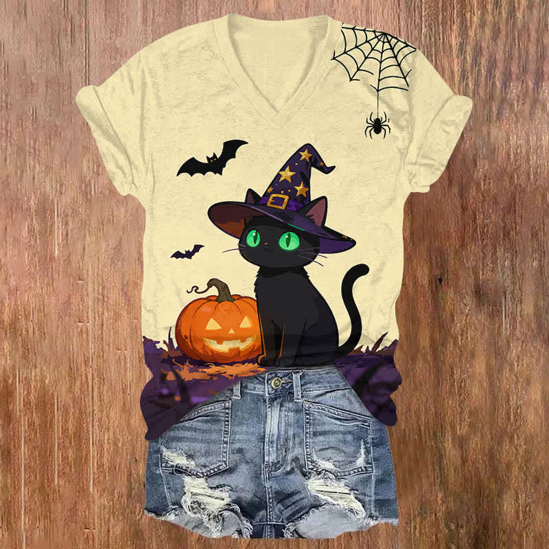 Halloween Wizard Black Cat & Pumpkin Print V-neck T-shirt - Yellow - US32-34(5XL) - image 1