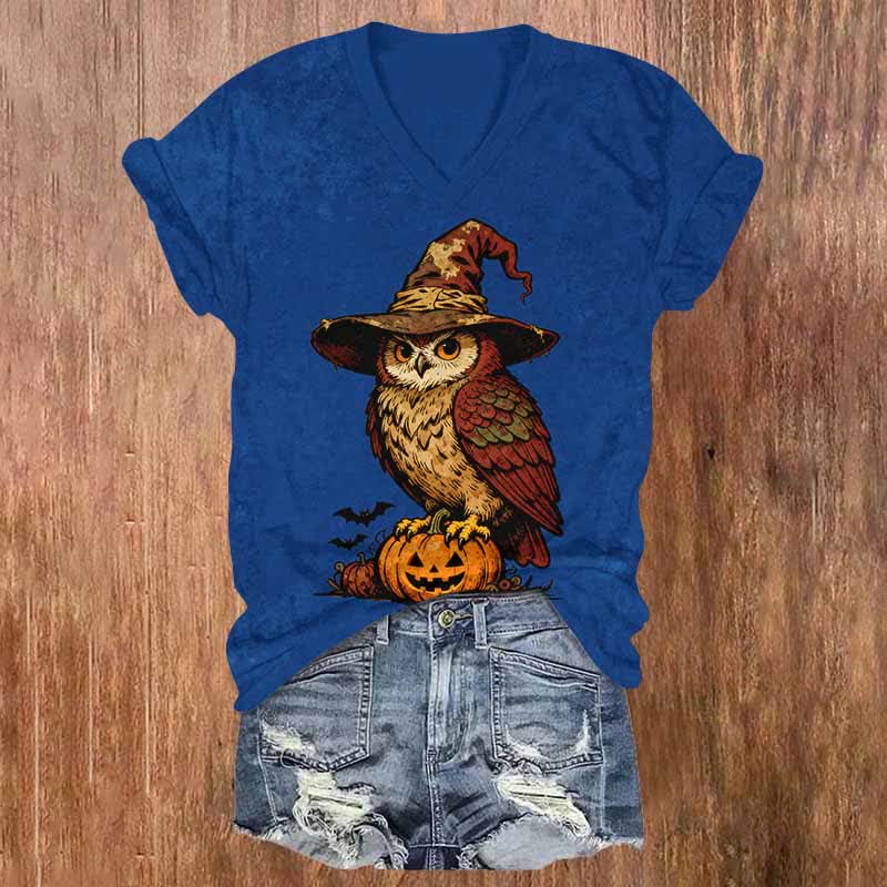 Halloween Wizard Owl Standing On A Pumpkin Print V-neck T-shirt - Blue - US32-34(5XL) - image 1