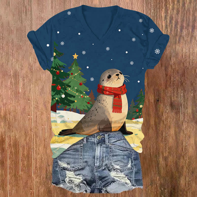 Christmas Winter Snowy Seal With Scarf Art Print V-neck T-shirt - Blue - US32-34(5XL) - image 1