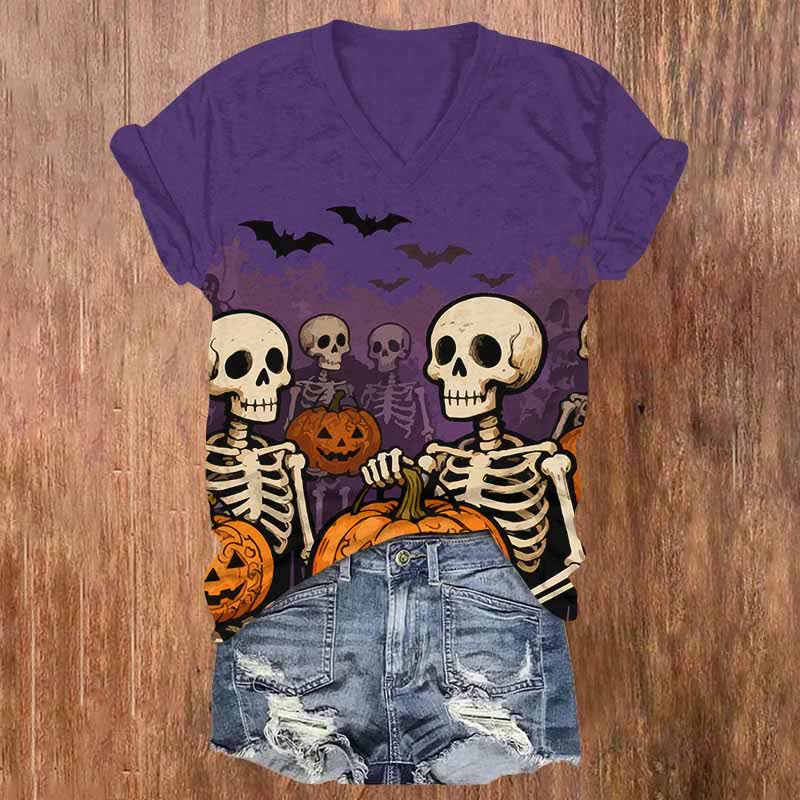 Halloween Skeleton Man Holding Pumpkin Print V-neck T-shirt - Purple - US32-34(5XL) - image 1