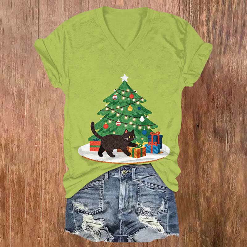 Christmas Tree Gifts & Black Cat Art Print V-neck T-shirt - Green - US32-34(5XL) - image 1