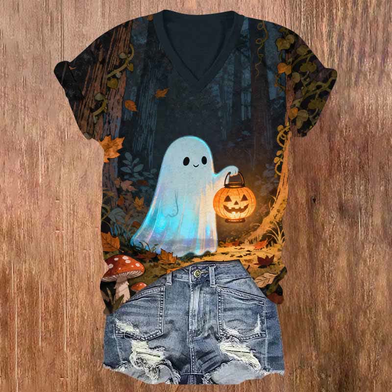 Halloween Ghost Holding A Lighting Jack-o'-lantern Print V-neck T-shirt - Black - US32-34(5XL) - image 1