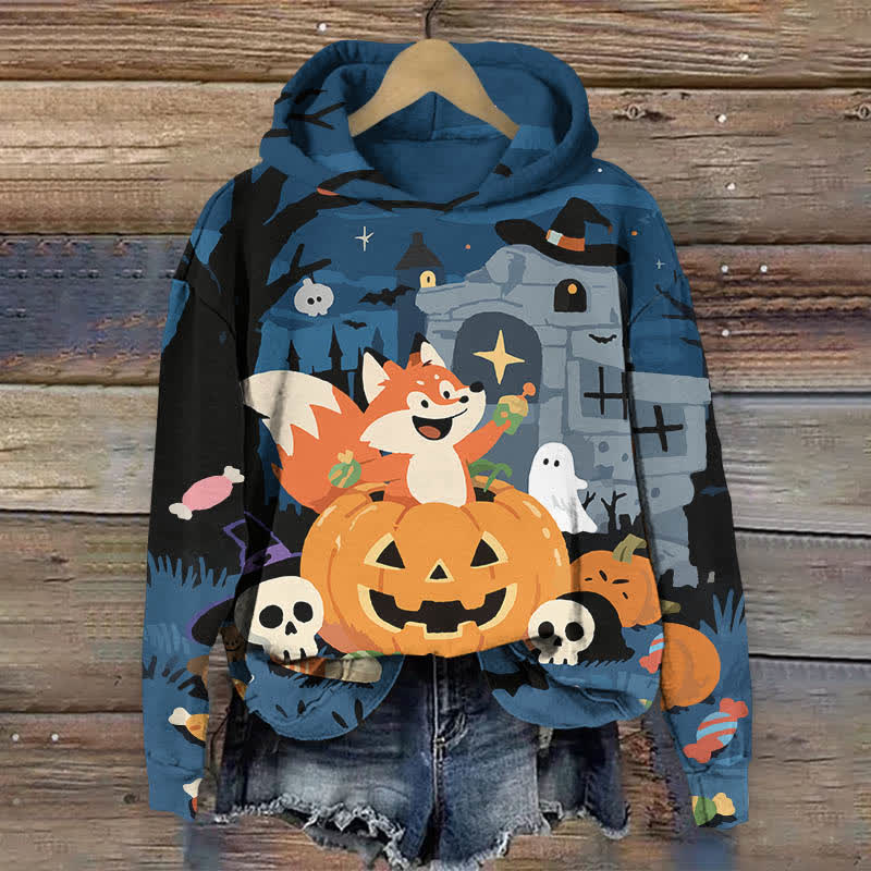 Halloween Cartoon Fox In A Pumpkin Print Long Sleeve Hoodie - Blue - US44-46(8XL) - image 1