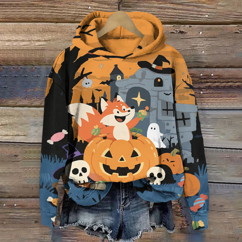 Halloween Cartoon Fox In A Pumpkin Print Long Sleeve Hoodie - Orange - US44-46(8XL) - image 5