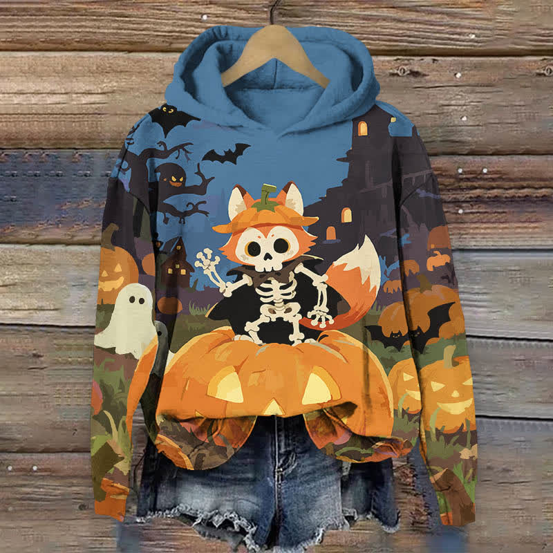 Halloween Bat & Skeleton Fox In A Pumpkin Print Long Sleeve Hoodie - Blue - US44-46(8XL) - image 2