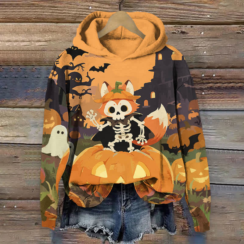 Halloween Bat & Skeleton Fox In A Pumpkin Print Long Sleeve Hoodie - Orange - US44-46(8XL) - image 1