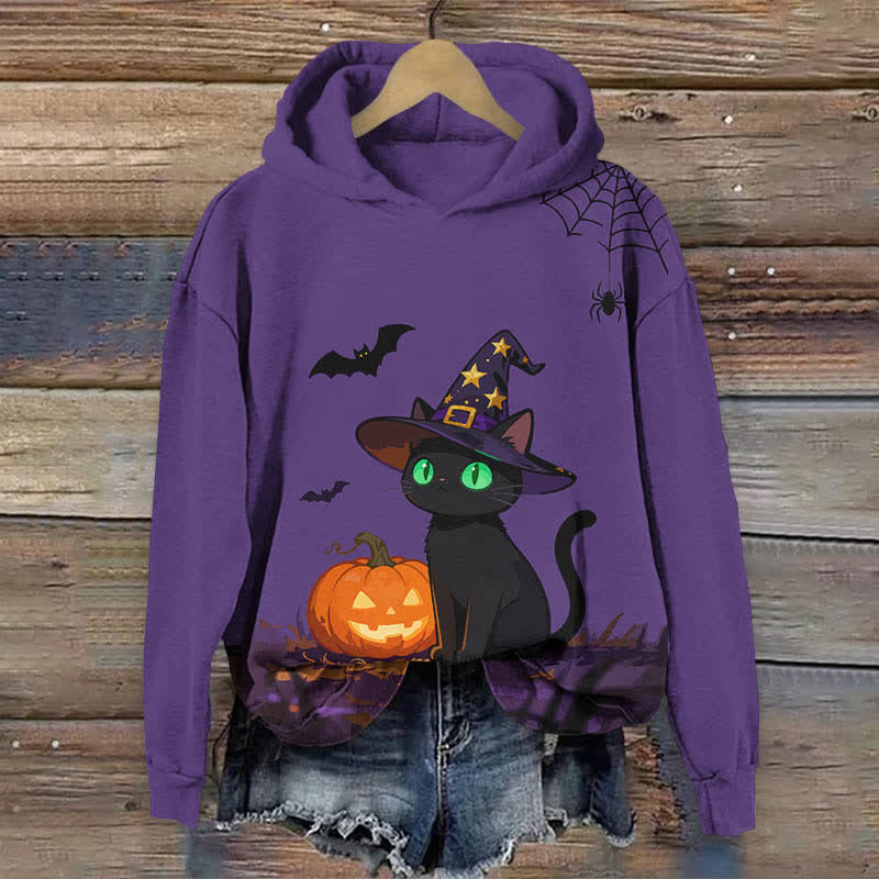Halloween Wizard Black Cat & Pumpkin Print Long Sleeve Hoodie - Purple - US44-46(8XL) - image 1
