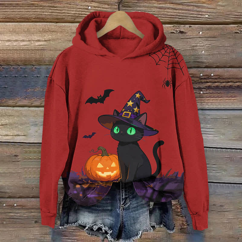 Halloween Wizard Black Cat & Pumpkin Print Long Sleeve Hoodie - Red - US44-46(8XL) - image 4