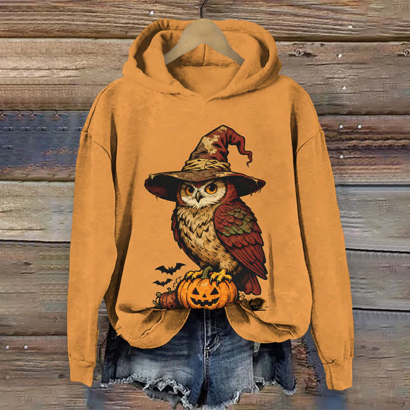 Halloween Wizard Owl Standing On A Pumpkin Print Long Sleeve Hoodie - Orange - US44-46(8XL) - image 1