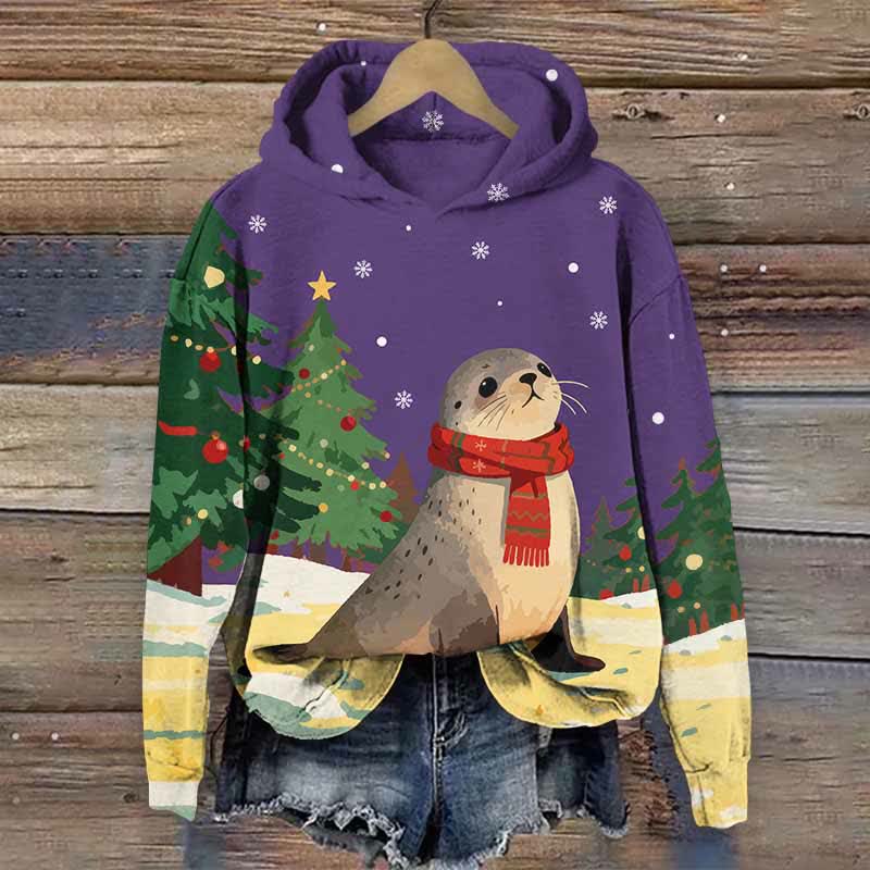 Christmas Winter Snowy Seal With Scarf Art Print Long Sleeve Hoodie - Purple - US44-46(8XL) - image 1