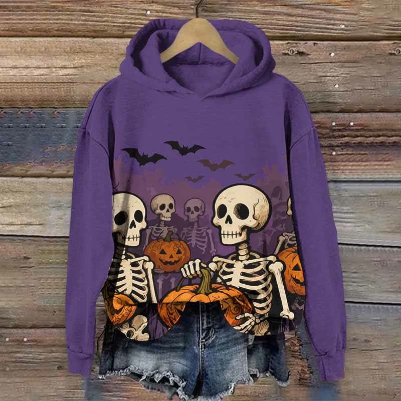 Halloween Skeleton Man Holding Pumpkin Print Long Sleeve Hoodie - Purple - US44-46(8XL) - image 1