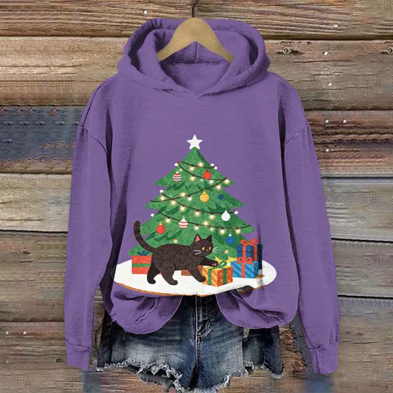 Christmas Tree Gifts & Black Cat Art Print Long Sleeve Hoodie - Purple - US44-46(8XL) - image 1