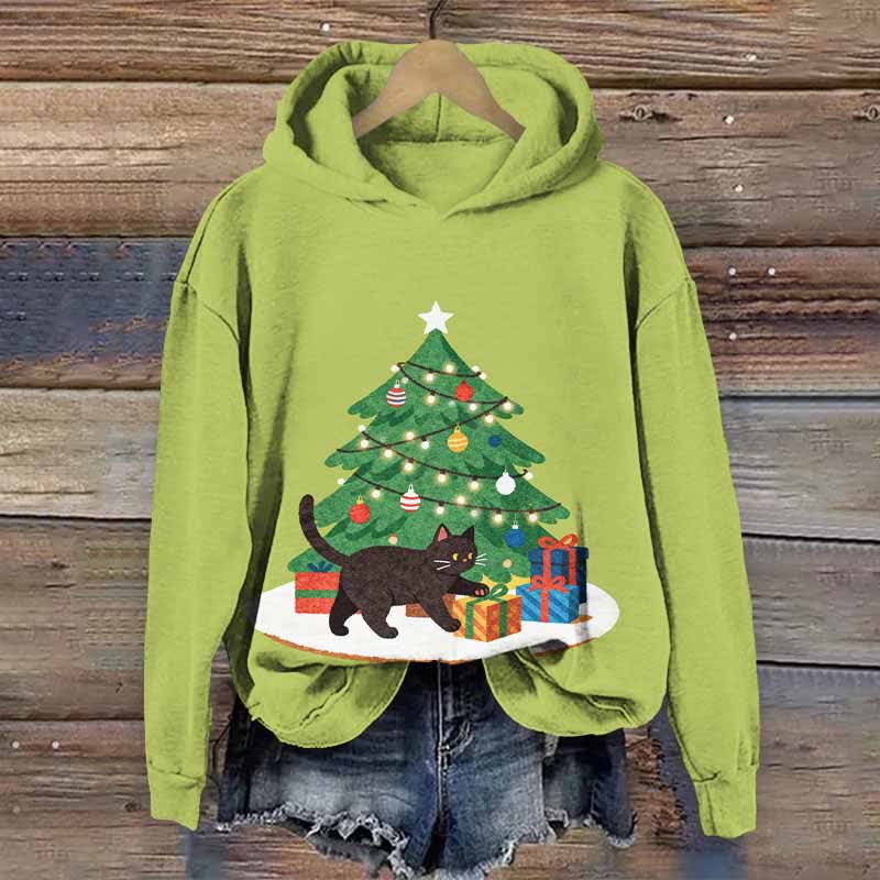 Christmas Tree Gifts & Black Cat Art Print Long Sleeve Hoodie - Green - US44-46(8XL) - image 4