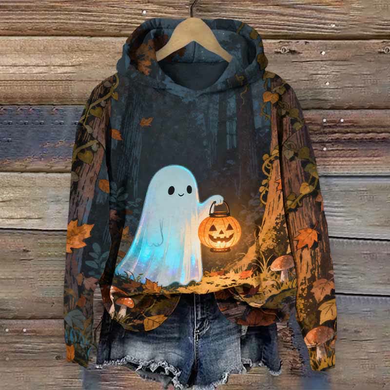 Halloween Ghost Holding A Lighting Jack-o'-lantern Print Long Sleeve Hoodie - Dark Grey - US44-46(8XL) - image 1